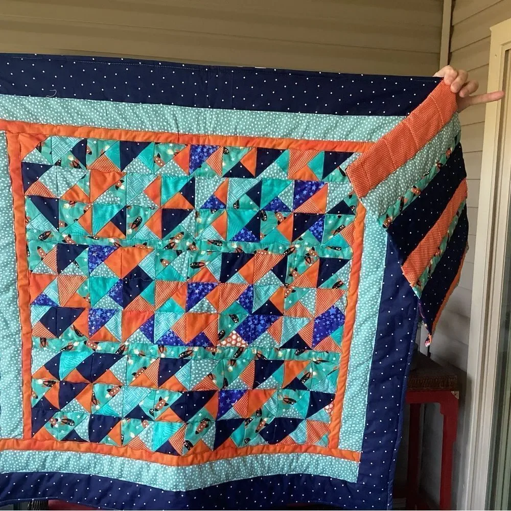 NWT. Hand Crafted To The Moon RocketshipColorful Patchwork Quilt w/ Teddy Quilt